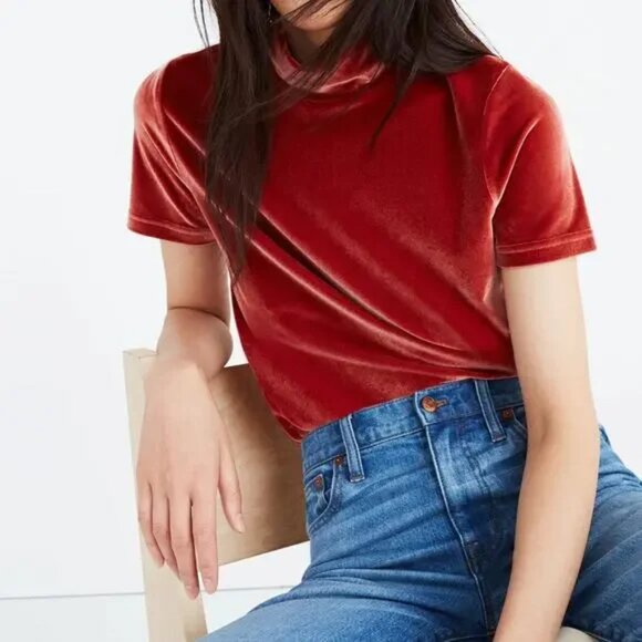 Madewell Velvet Mockneck Tee - Burnished Rust/Orange - NWOT - XS - Picture 2 of 14
